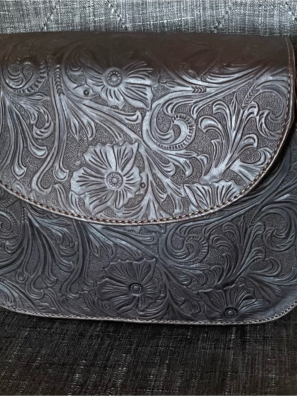Tooled Floral Leather Crossbody Bag - Dark Brown